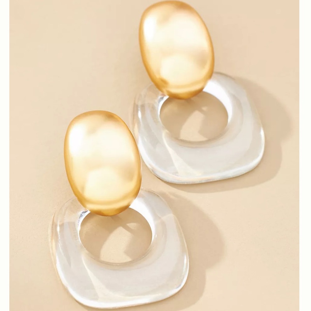 Anthropologie Lucite Squared Hoop Earrings in clear + brushed gold - Picture 2 of 4